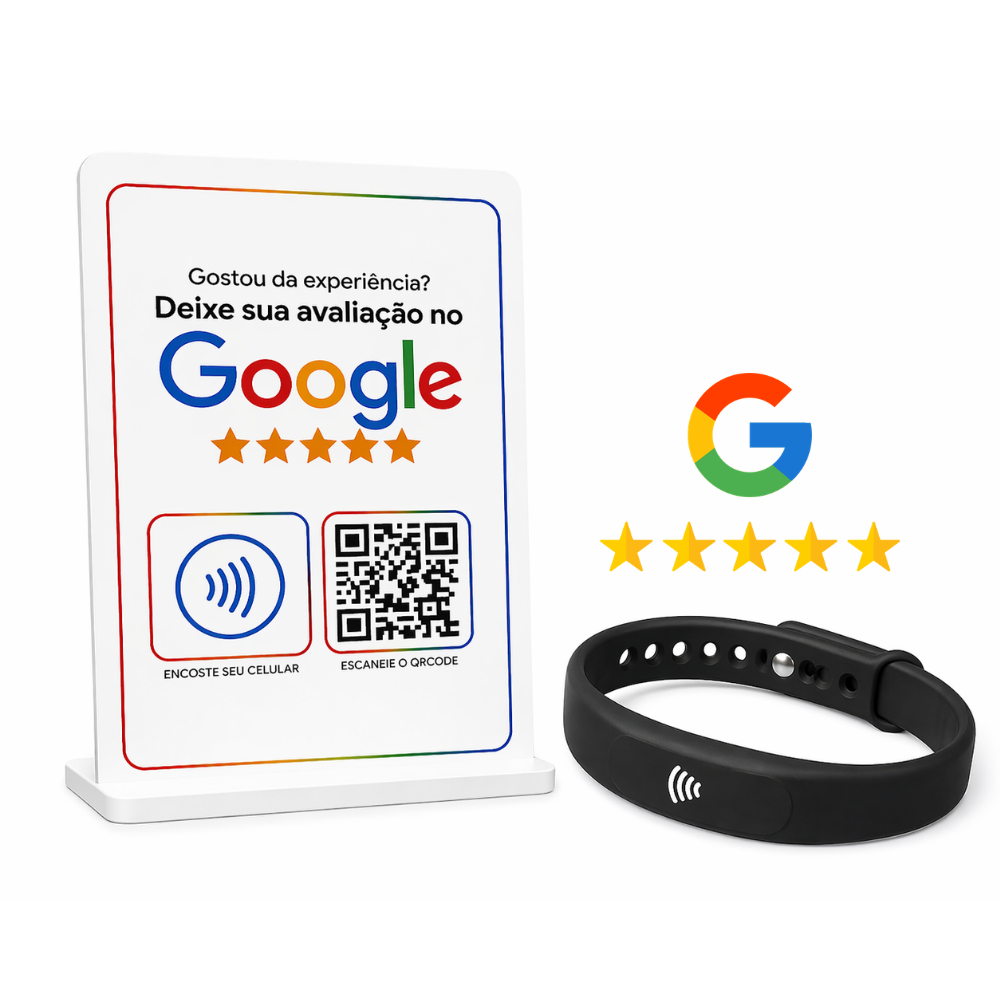 Avaliação google kit plaquinha de mesa nfc com qrcode + pulseira nfc com qrcode - onetag