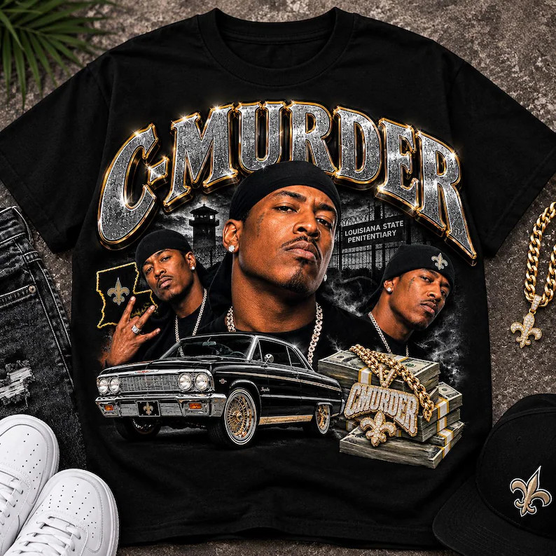Camiseta C-Murder Hip Hop Vintage Preta Manga Curta, Tecido de Algodão Confortável, Estampa com Retrato do Artista, Carr