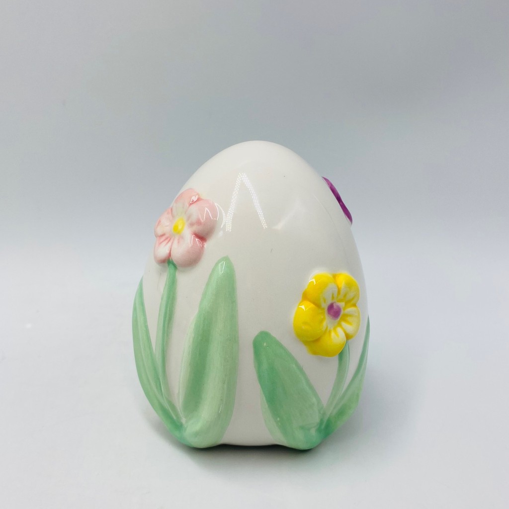 Ovo Decorativo de Páscoa com Flores em Cerâmica Branco 9,5x7,7x7,7cm
