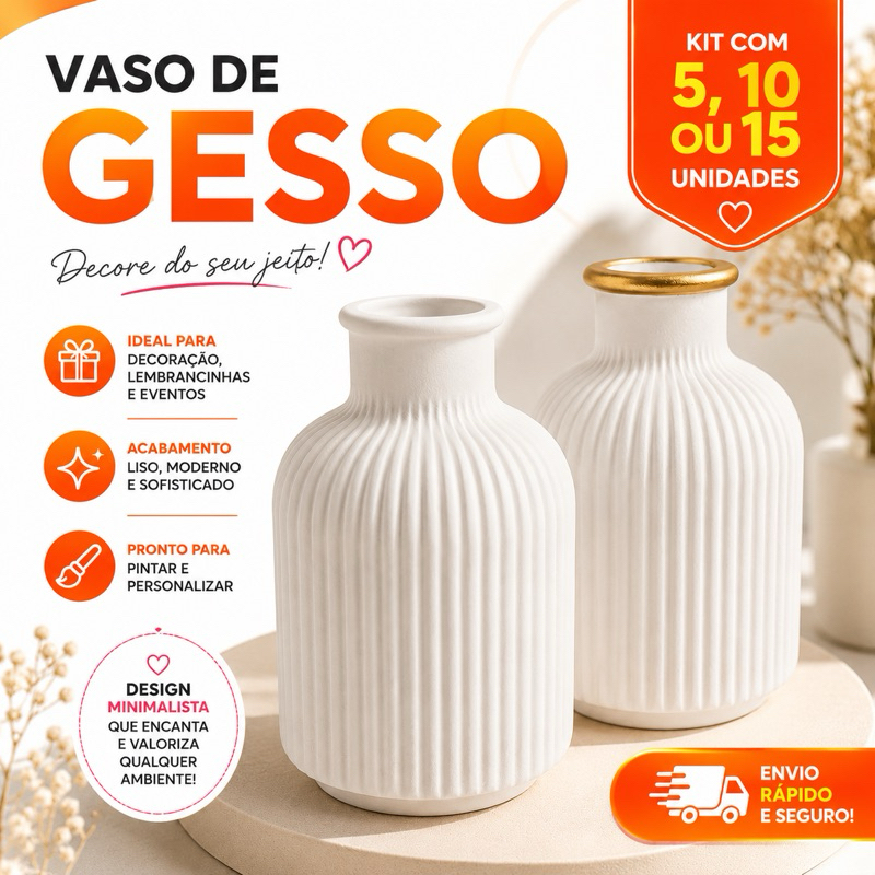 Vaso de Gesso 10cm x 7cm Branco ou Branco com Borda Dourada |Lembrancinha Centro de Mesa Festa Chá de bebê Casamento