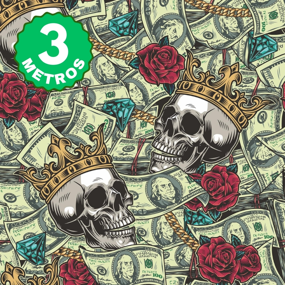 Papel de Parede Adesivo Anime Quadrinhos Dollar Manga Caveira Gold Graffite Lavável 3 Metros