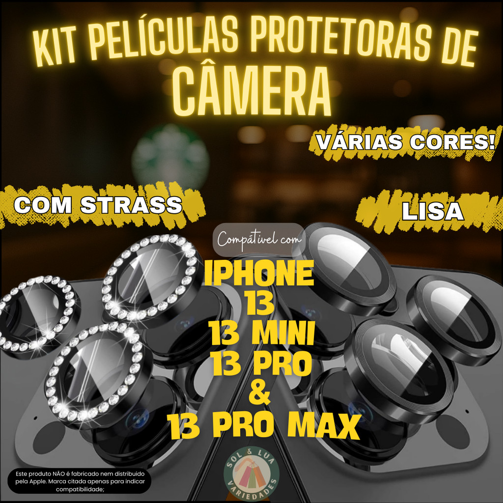 Kit Película de Câmera compatível com Iphone 13 13 Mini 13 Pro e 13 Pro Max Lisa Strass Brilho