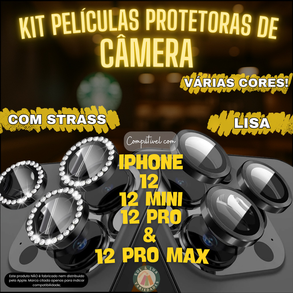 Kit Película de Câmera compatível com Iphone 12 12 Mini 12 Pro e 12 Pro Max Lisa Strass Brilho