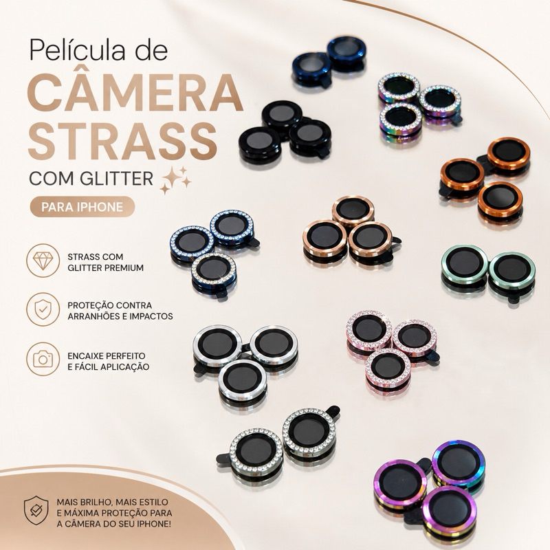 Kit Pelicula de Câmera Metal com Strass Brilho para Iphone 11, 12, 13, 14, 15 Mini Plus Pro Max