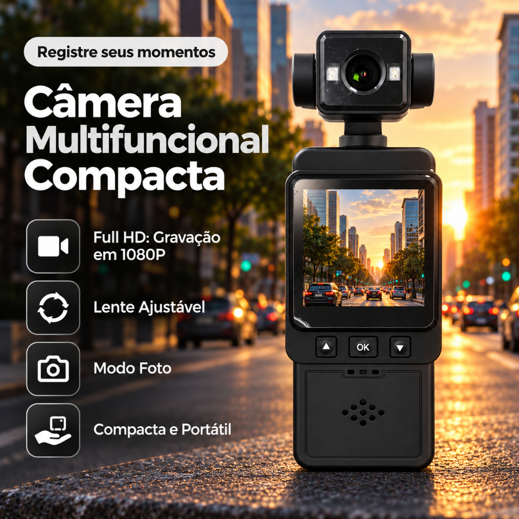 Câmera de Ação Multifuncional Compacta Full HD 1080P Vlog POV Lente Ajustável Foto Vídeo App Celular Criador de Conteúdo