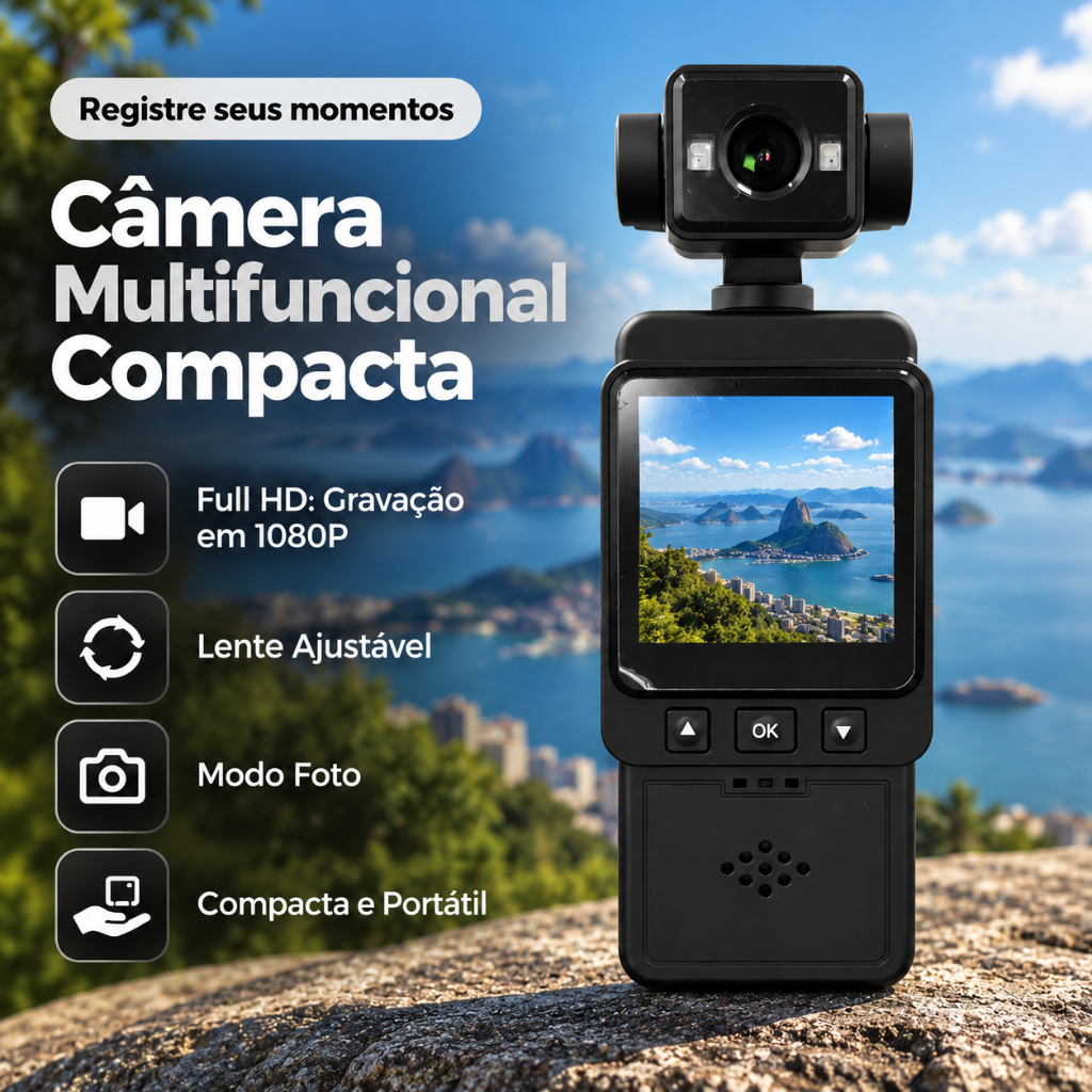 Câmera de Ação Multifuncional Compacta Full HD 1080P Vlog POV Lente Ajustável Foto Vídeo Espelhamento Celular Uso Diário