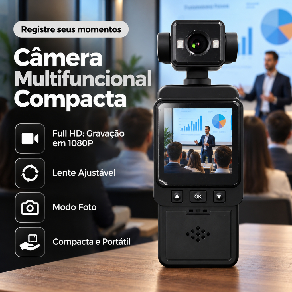 Câmera de Ação Multifuncional Compacta Full HD 1080P Vlog POV Lente Ajustável Criador de Conteúdo Viagens Aulas Esportes