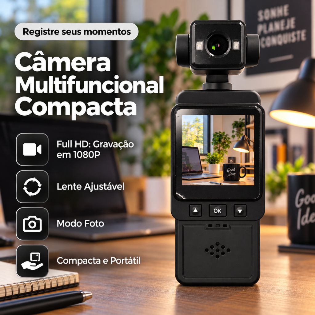 Câmera de Ação Multifuncional Compacta Full HD 1080P Vlog POV Lente Ajustável Foto Espelhamento Celular Viagens Esportes