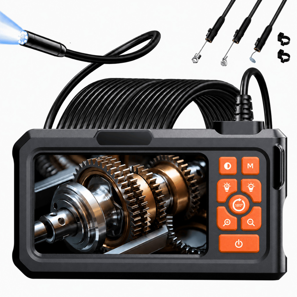Câmera de Inspeção Industrial 1080P com Tela 4,3”, Sonda 8mm e Cabo Semi-Rígido 5m para Motores e Máquinas