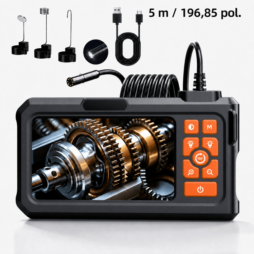 Endoscópio Industrial Automotivo 1080P com Tela 4,3”, Câmera 8mm, Cabo Semi-Rígido 5m IP67 e LED