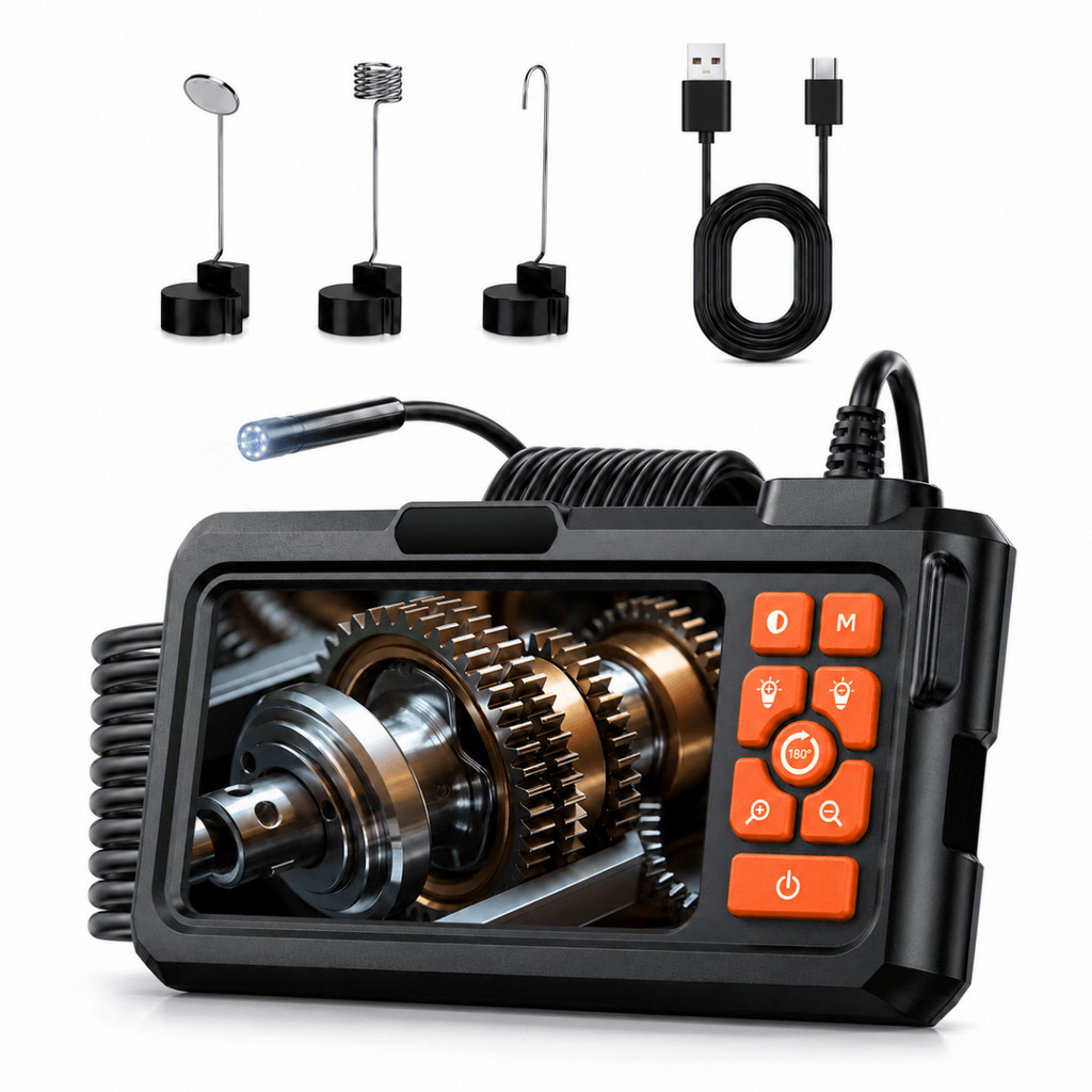 Câmera Endoscópica 1080P com Tela 4,3”, Sonda 8mm, Cabo Semi-Rígido 5m IP67 para Inspeção Automotiva
