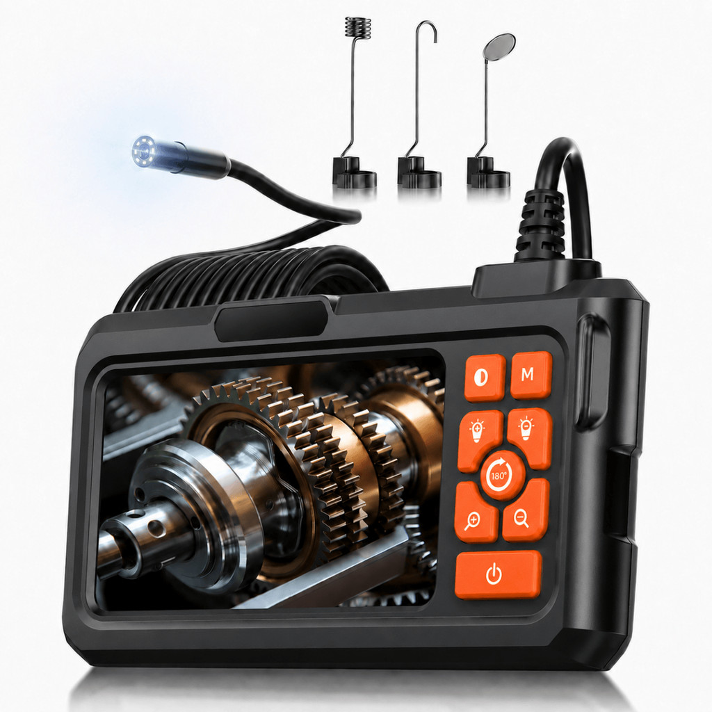 Endoscópio Industrial com Câmera 8mm 1080P, Tela 4,3”, Cabo Semi-Rígido 5m IP67 e LED para Inspeção Automotiva e Tubulaç