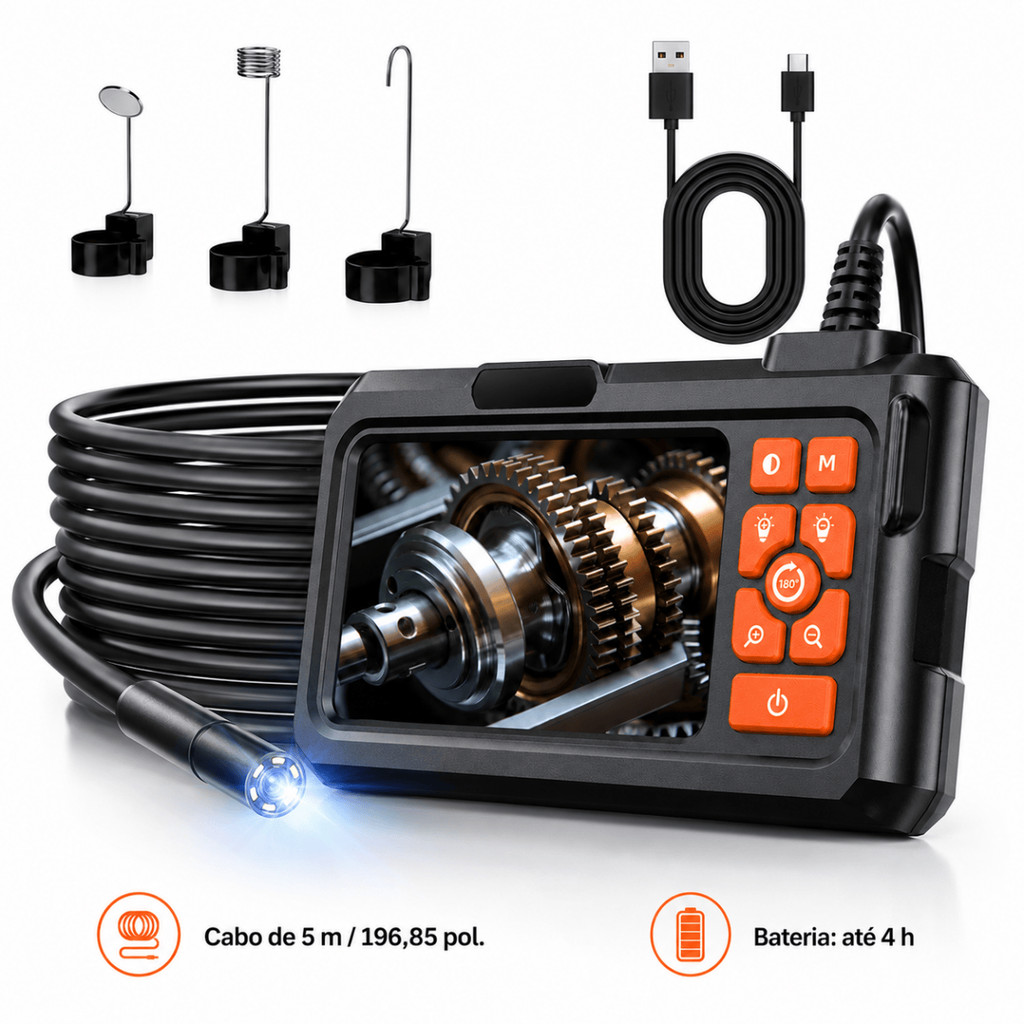 Boroscópio Automotivo com Câmera 8mm 1080P, Tela 4,3”, Câmera Sonda Cabo 5m IP67 e Luz LED