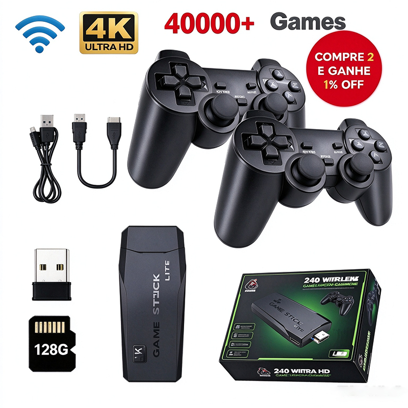 Game Stick M8 4K HDMI 1 Controle Sem Fio Mais de 2Mil/4Mil Jogos Retrô Clássicos 64G ou 128G Console Portátil para TV