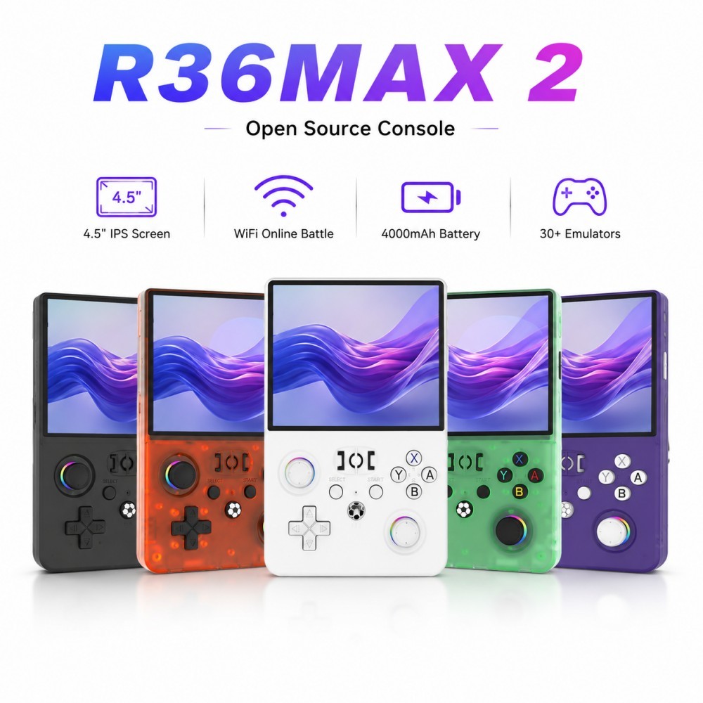 Novo R36 Max2 Retro Console De Jogos Portátil Sistema Linux 4.5 Polegada Tela IPS 64G/128G Jogador De Bolso Embutido 180