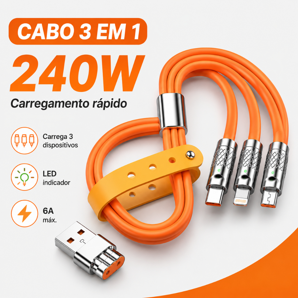 240W Cabo de dados de silicone com carregamento rápido de 6A - Compatível com iOS Tipo C V8 3 em 1