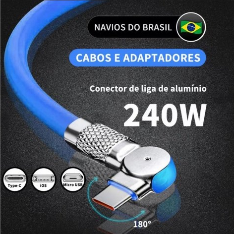360°Cabo de dados giratório de carregamento rápido 240W de carregamento de alta potência tipo C/V8 Cabo de Silicone Mult