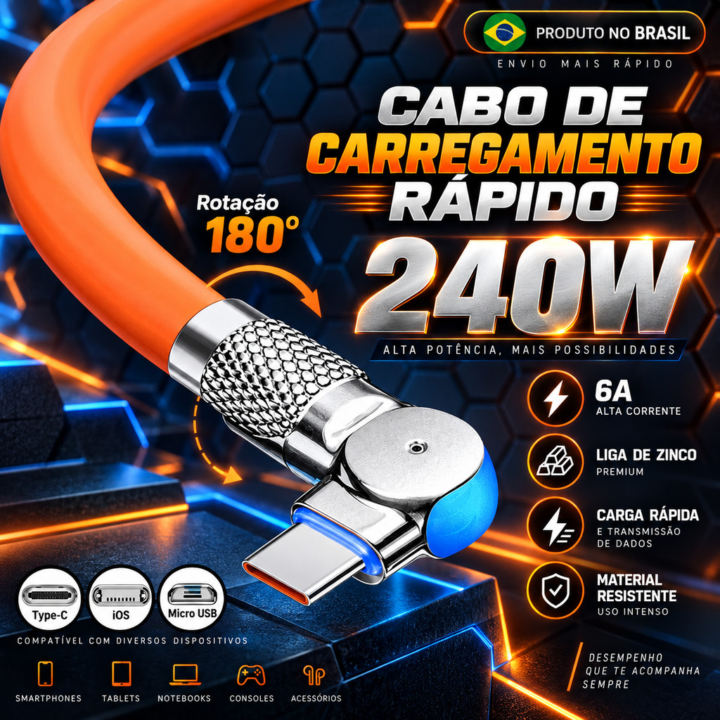 Adequado para carregador tipo C V8 iOS iPhone 240W 360° Cabo giratório de carregamento rápido, Material de Silicone