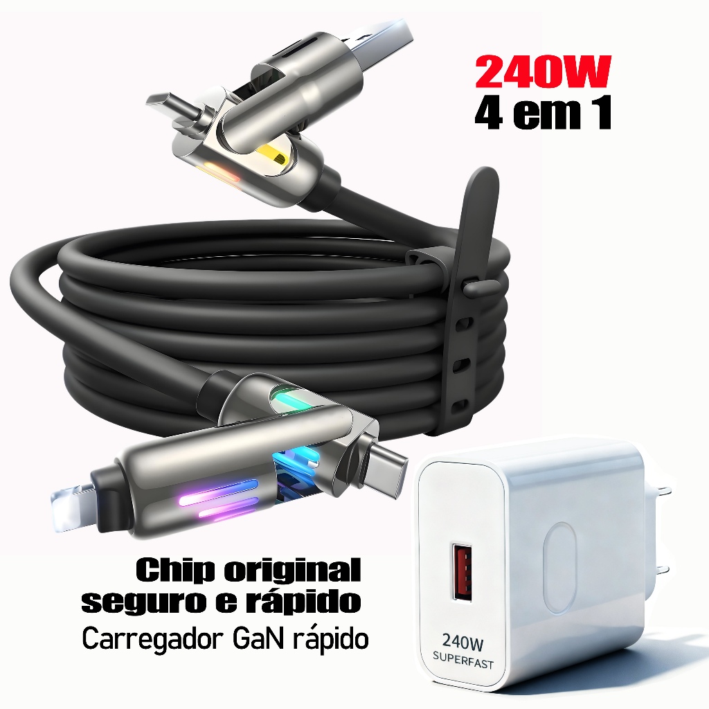 Carregador 240W Ultra Rápido + Cabo USB‑C 4 em 1 Silicone | Seguro, Alta Qualidade e Durável | Cabo 1m/2m
