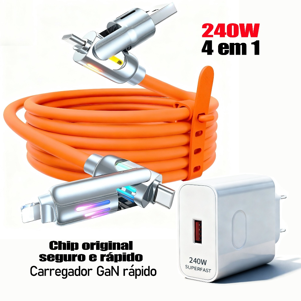 Carregador 240W Carregamento Rápido + Cabo USB-C 4 em 1 Silicone | 3 Opções: Apenas Cabo/Apenas Fonte/Combo | Cabo 1m/2m