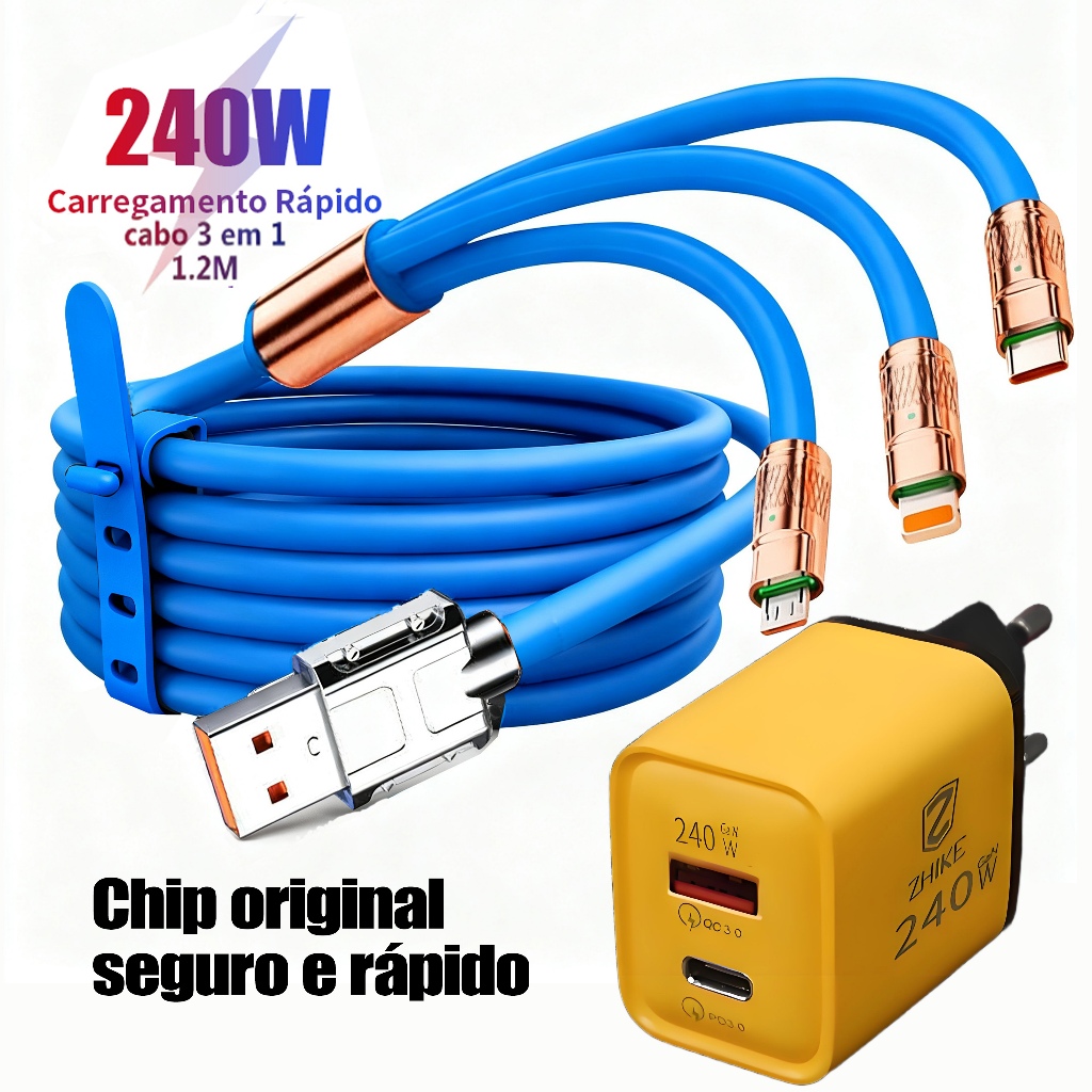 GaN 240W Duas Saídas USB-A QC3.0+Tipo-C PD3.0 | Cabo 3em1 Silicone 1.2m Tipo-C/Lightning/USB, Rápido Seguro Durável