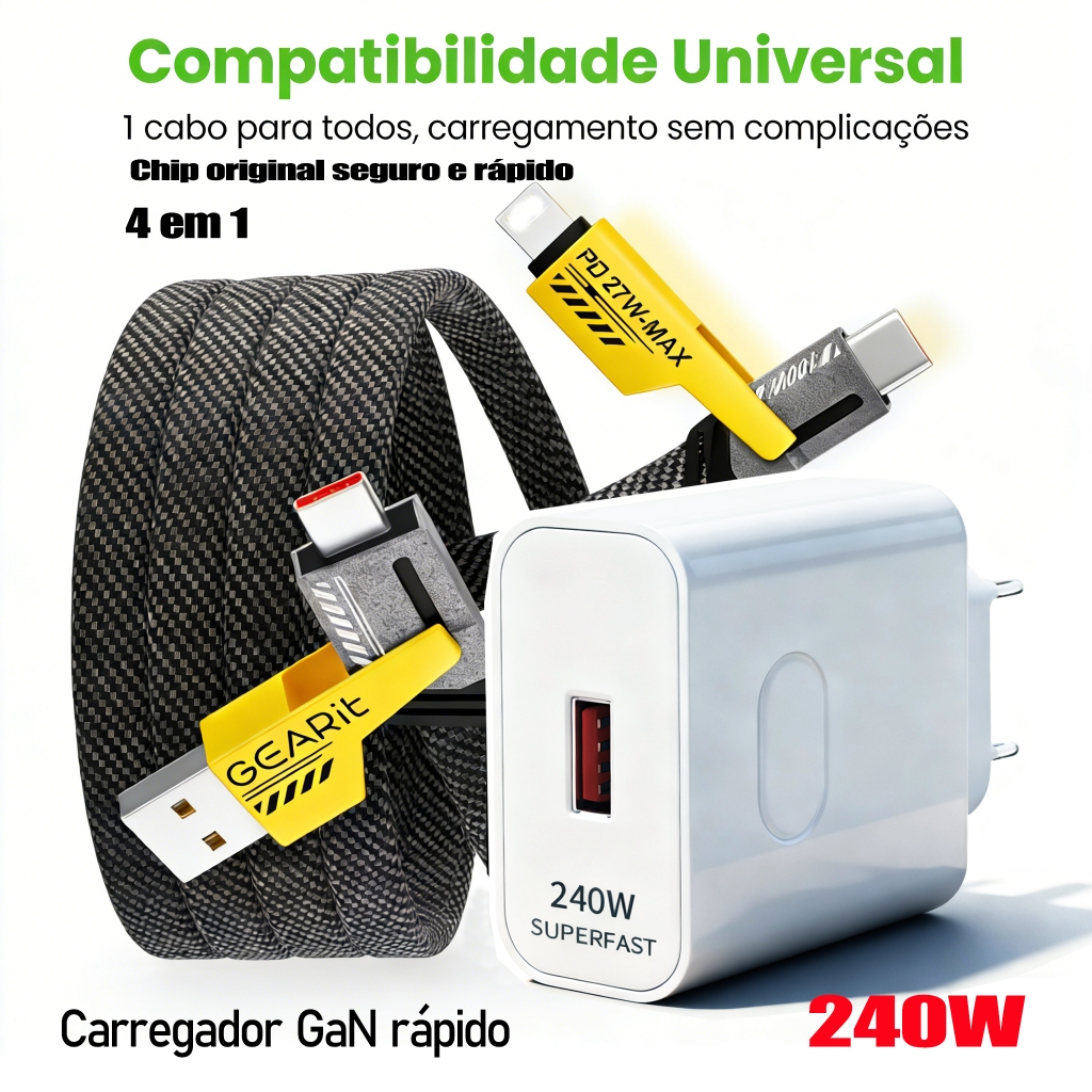 Fonte GaN 240W PD Tipo-C e USB-A + Cabo 4-em-1 Trançado 1.2m | Rápido, 3 Opções, Compatível com Todos Aparelhos