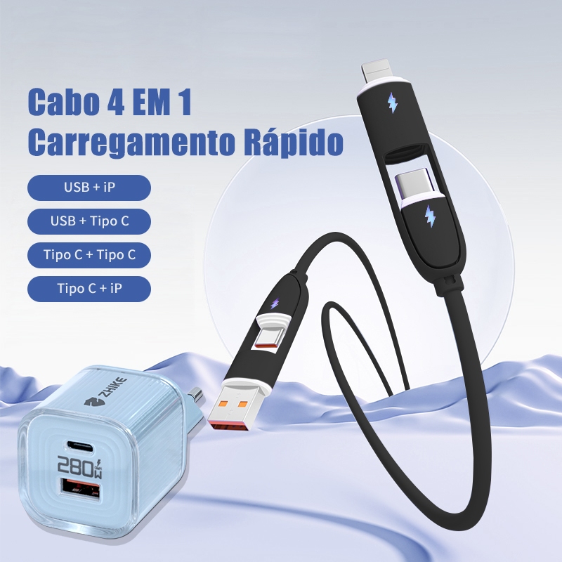 Carregador 4 em 1 ZHIKE Tipo C V8 iP 1M Cabo Silicone com USB PD 280W GaN Adaptador 240W Turbo Compatível Samsung HUAWEI