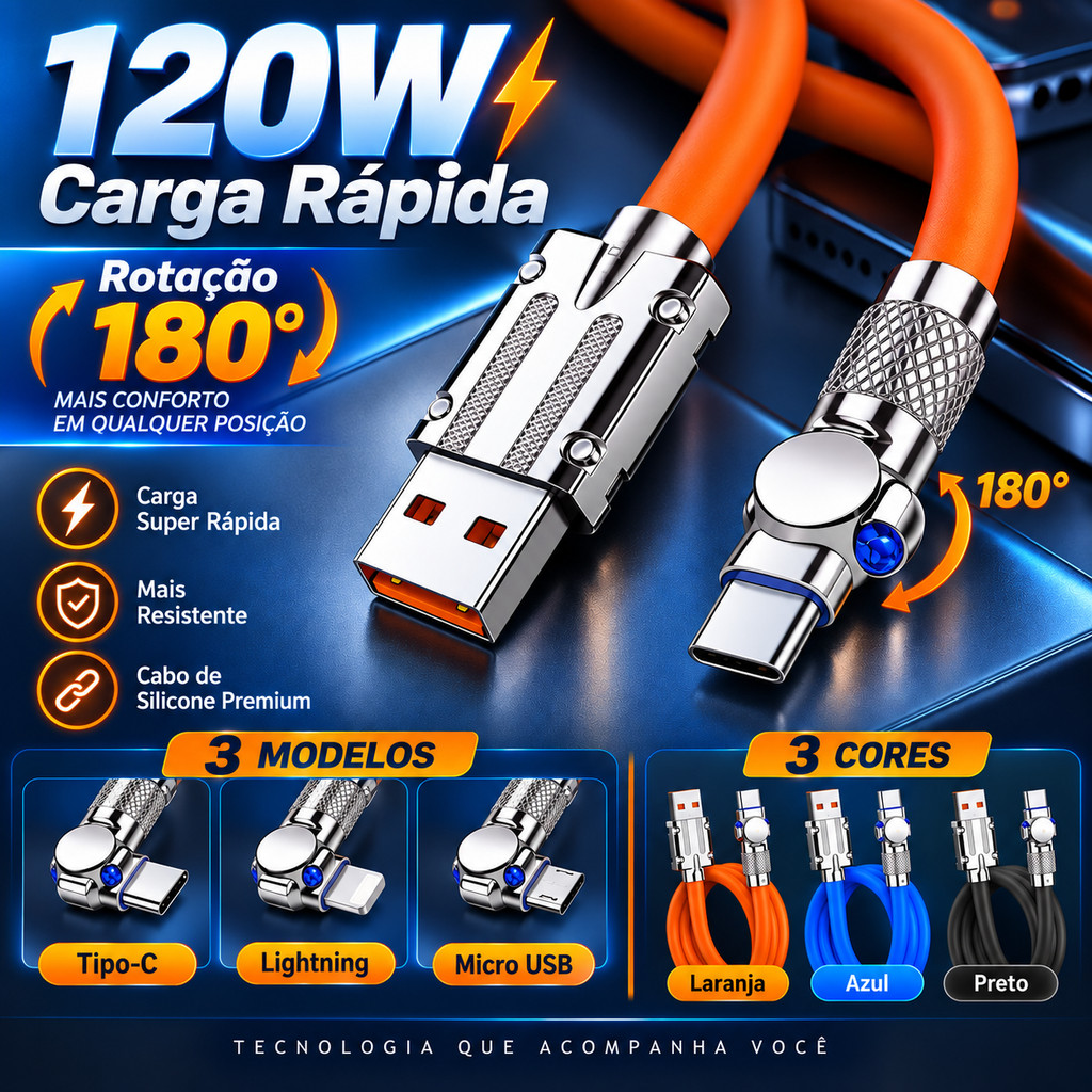 Cabo 240W Turbo Charge Rotativo 180° para iPhone Android Type-C, Silicone Reforçado, LED e 3 Cores