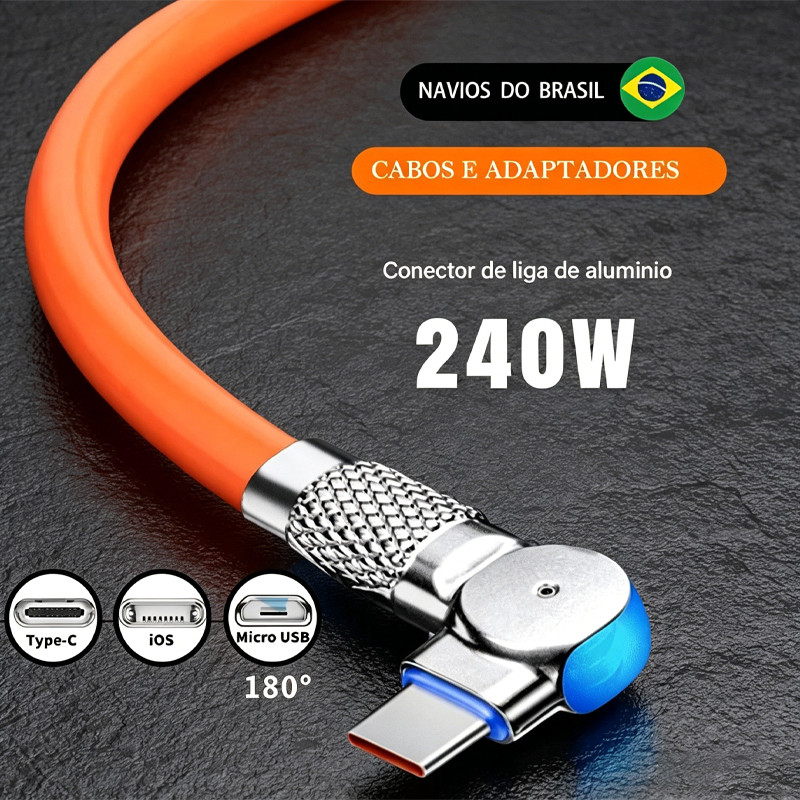 Cabo Micro USB Tipo C iOS 240W Rápido 180° para Jogos Indicador LED De Silicone De Rotação CvCase Envio Imediato