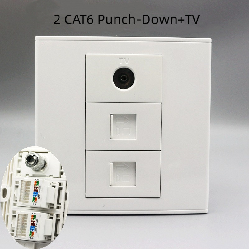 86 Tipo Placa Facial De Parede 2 Portas CAT6 RJ45 Gigabit Punch-Down + TV F-Conector Coaxial Tomada Painel Branco