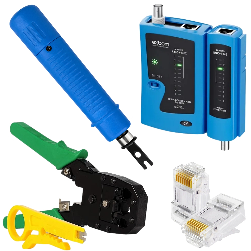 Testador De Cabos De Rede Rj45 + Alicate Punch Down + Alicate Rj45 / RJ11 + Conectores