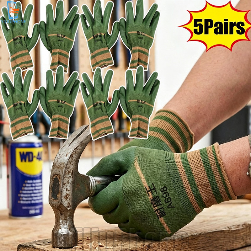 [Bless] 5-1Pairs Luvas De Trabalho Revestidas De Látex – Com Dedos Inteiros Proteção De Segurança Antiderrapantes Jardim