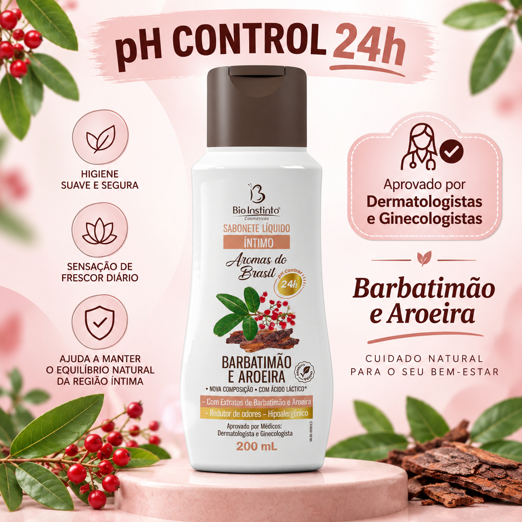Sabonete Íntimo Feminino Barbatimão e Aroeira Bio Instinto 200ml pH Control 24h Aprovado por Ginecologista
