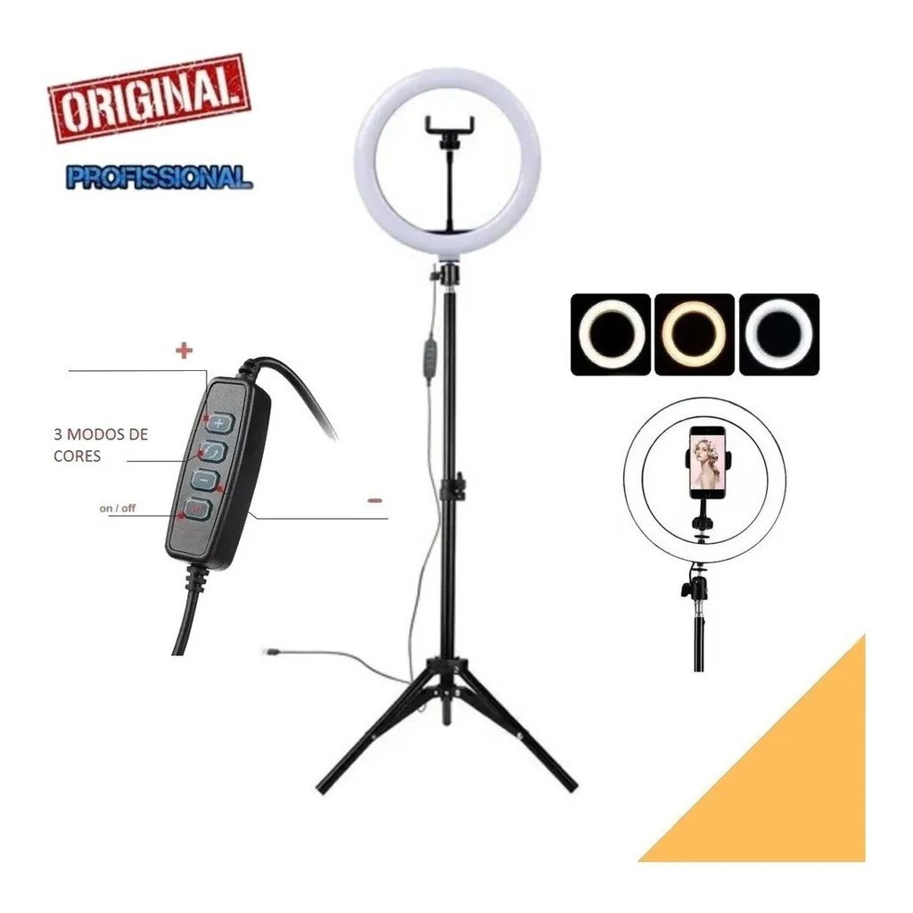 Ring light 26 cm articulável ajustável com tripé suporte de celular controle envio 24h