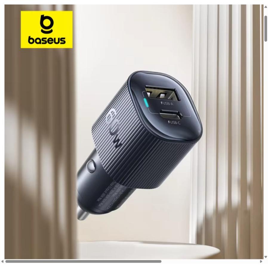 Carregador Veicular Baseus 30W 60W PD3.0 Turbo USB-C e USB-A Carga Rápida Dupla Porta iPhone 8-17 Xiaomi Preto
