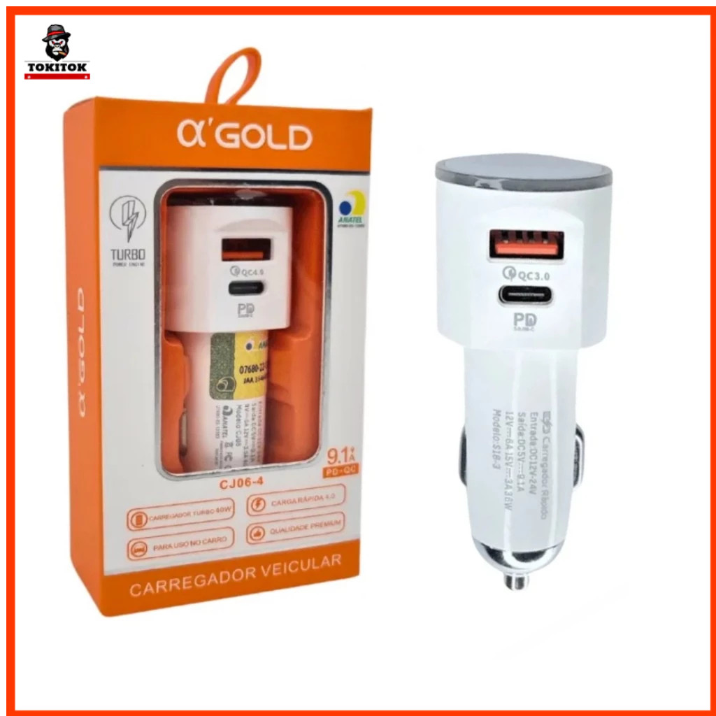 Carregador Veícular Turbo 60W Turbo USB-C PD3.0 QC4.0 Carga Rápida 9.1A CJ06-4