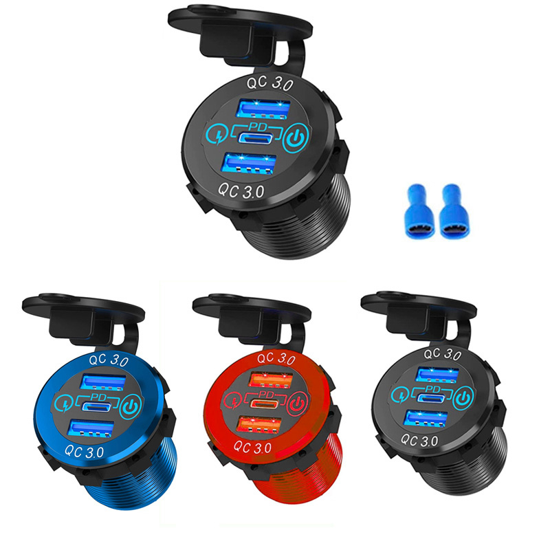 12V/24V Triplo Alumínio Metal 60W USB-C Tomada De Carregador De Carro Múltiplo PD3.0 E Portas Duplas QC3.0 Com Interrupt