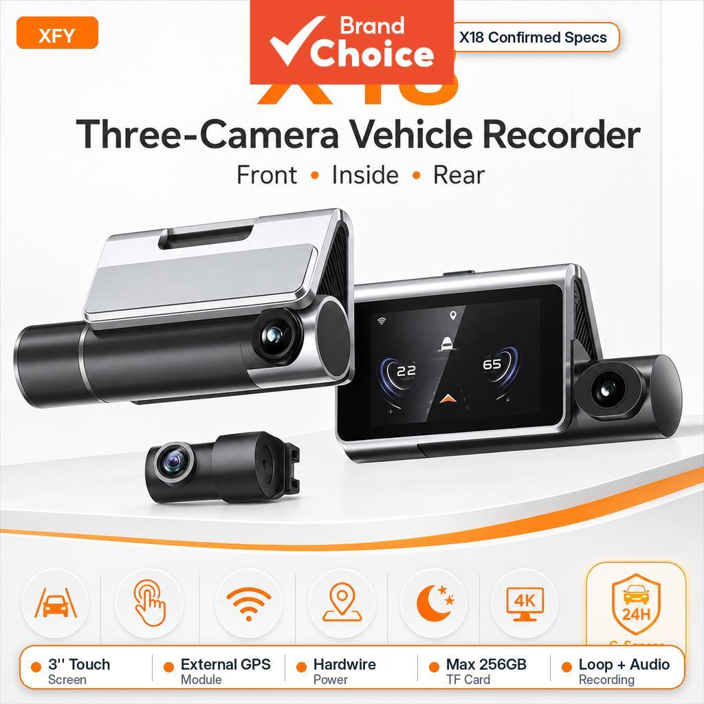 XFY X18 Câmera Veicular 3 Canais 4K+2K+2K, Gravador Frontal, Interno e Traseiro, Tela Touch 3”, WiFi e App, GPS Externo,