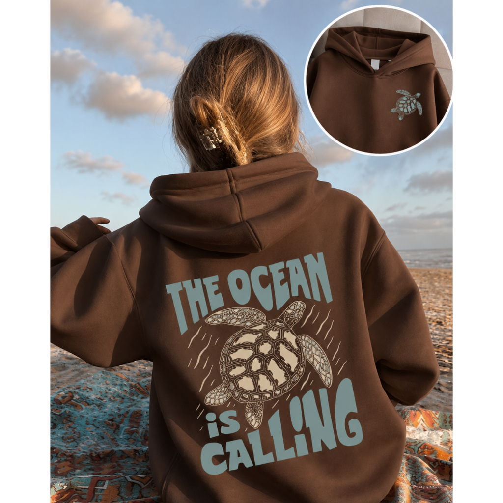 Moletom Canguru Feminino Bolso e Capuz Flanelado Casual Inverno Blusa de Frio The Ocean Is Calling Tartaruga