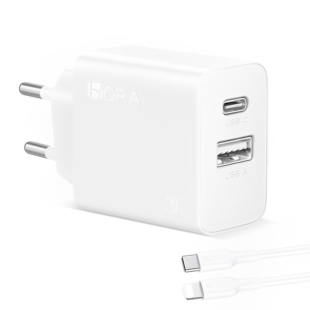 1Hora Pd 20W Carregador Tipo A/C com Cabo C/Lightning Branco