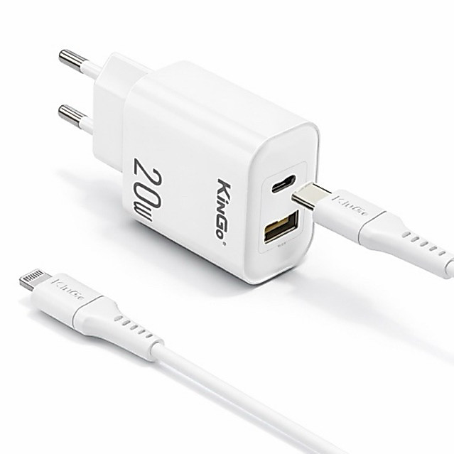 Carregador Turbo 20W Tipo C e USB + Cabo Tipo C para iPhone Lightning 1m Branco KinGo