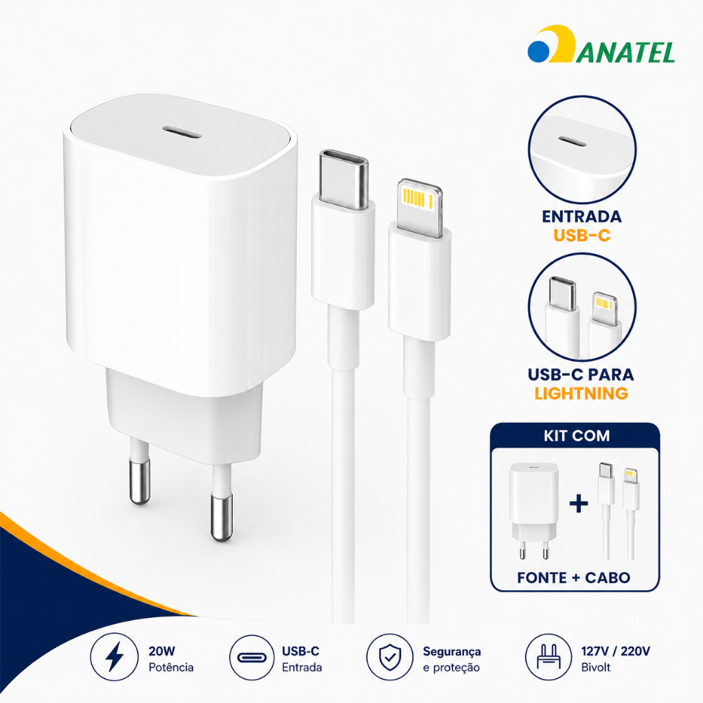 Carregador Original Rápido 20W Tipo C Com Cabo USB-C Lightning Compatível iPhone