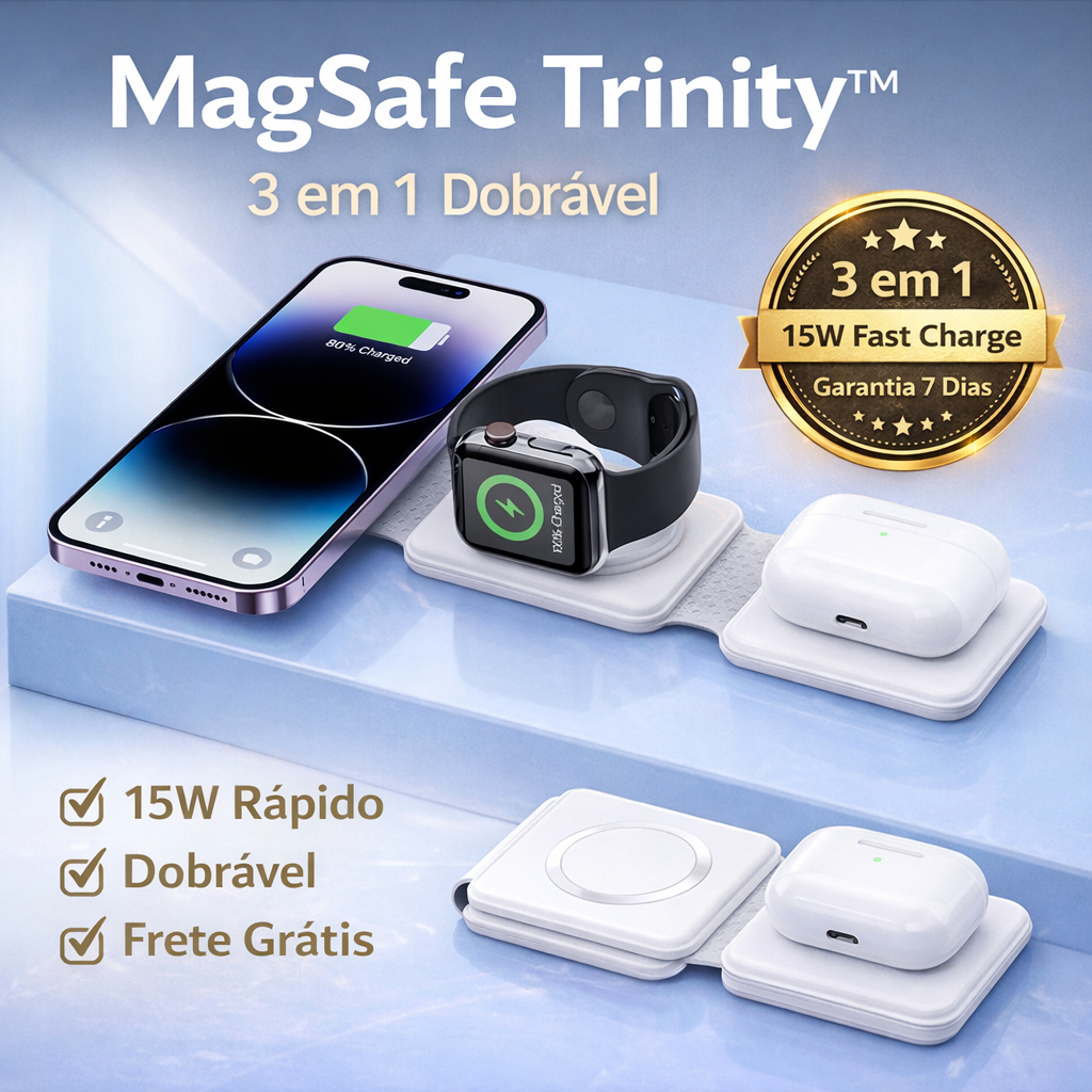 Carregador MagSafe 3 em 1 Dobrável 15W Rápido para iPhone Apple Watch AirPod Base Magnética Portátil