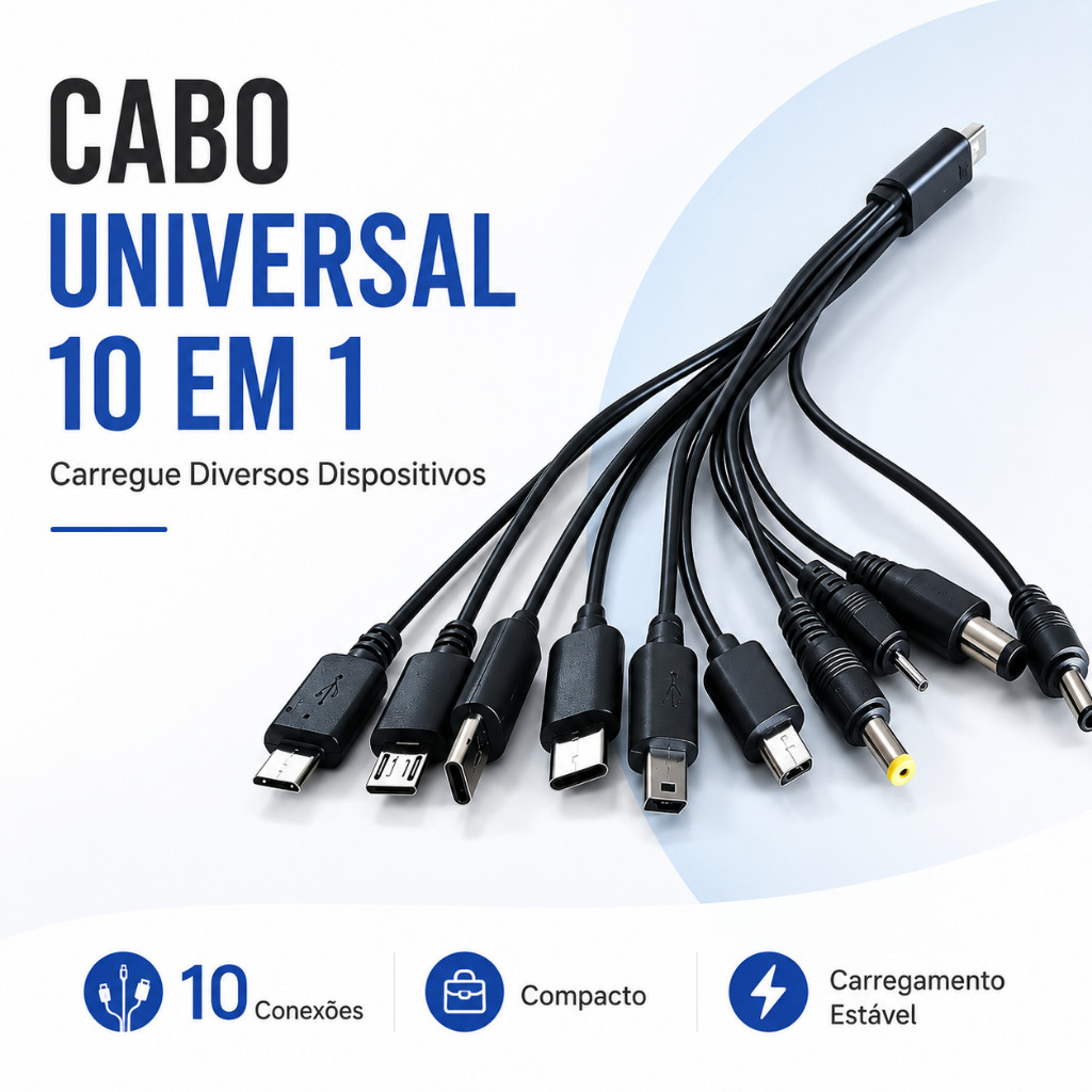 Cabo Universal USB 10 em 1 Multifuncional para Celular Antigo MP3 MP4 PSP GPS Câmera Digital