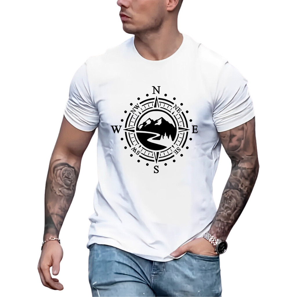 Linda Camiseta Masculina Estampa Bússola Landscape 100% Algodão Estilo Premium
