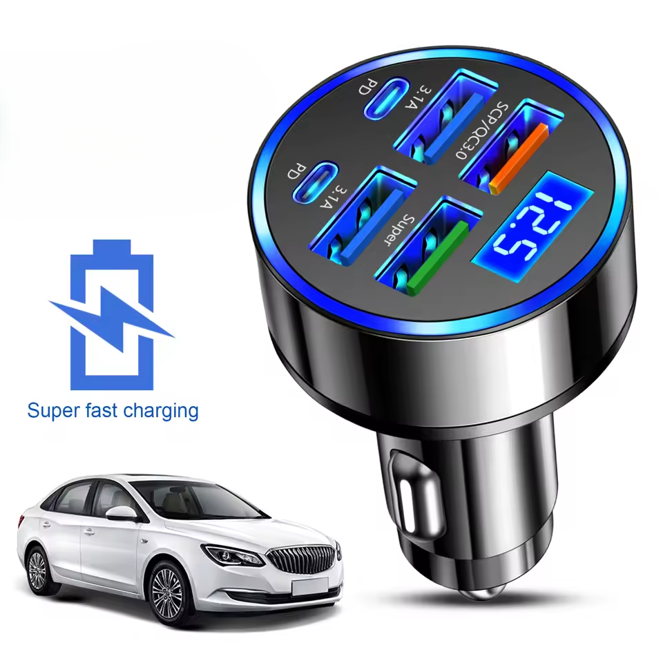 Adaptador de carro de carregamento rápido 6 em 1 3.1A Dual Type-C Display Digital Smartphones Tablets Bancos de energia
