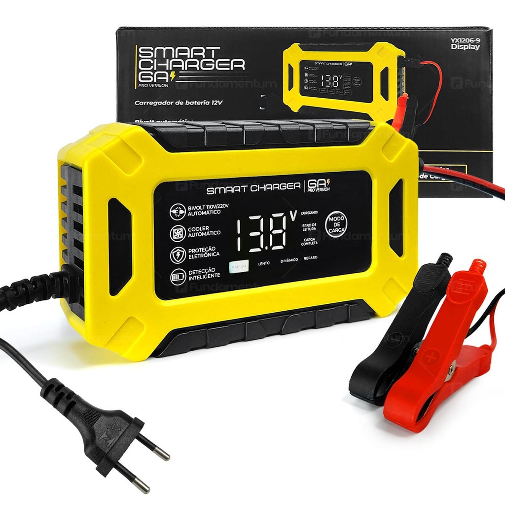 Carregador de Bateria Automotivo Smart Charger 6A Pro Version 12V Display Digital Carro Moto