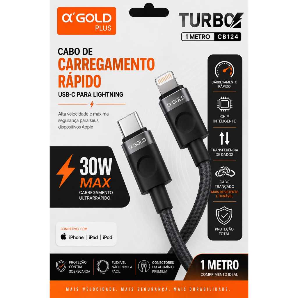 Cabo USB-C para Lightning 30W Turbo 1 Metro Alpha Gold Plus | Carregamento Rápido para iPhone, iPad e iPod | Cabo Trança