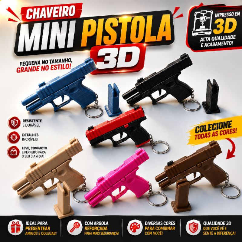 Mini Chaveiro Pistola 3D Bravo 6x4cm Colecionável Presente criativo 7 Cores disponível.
