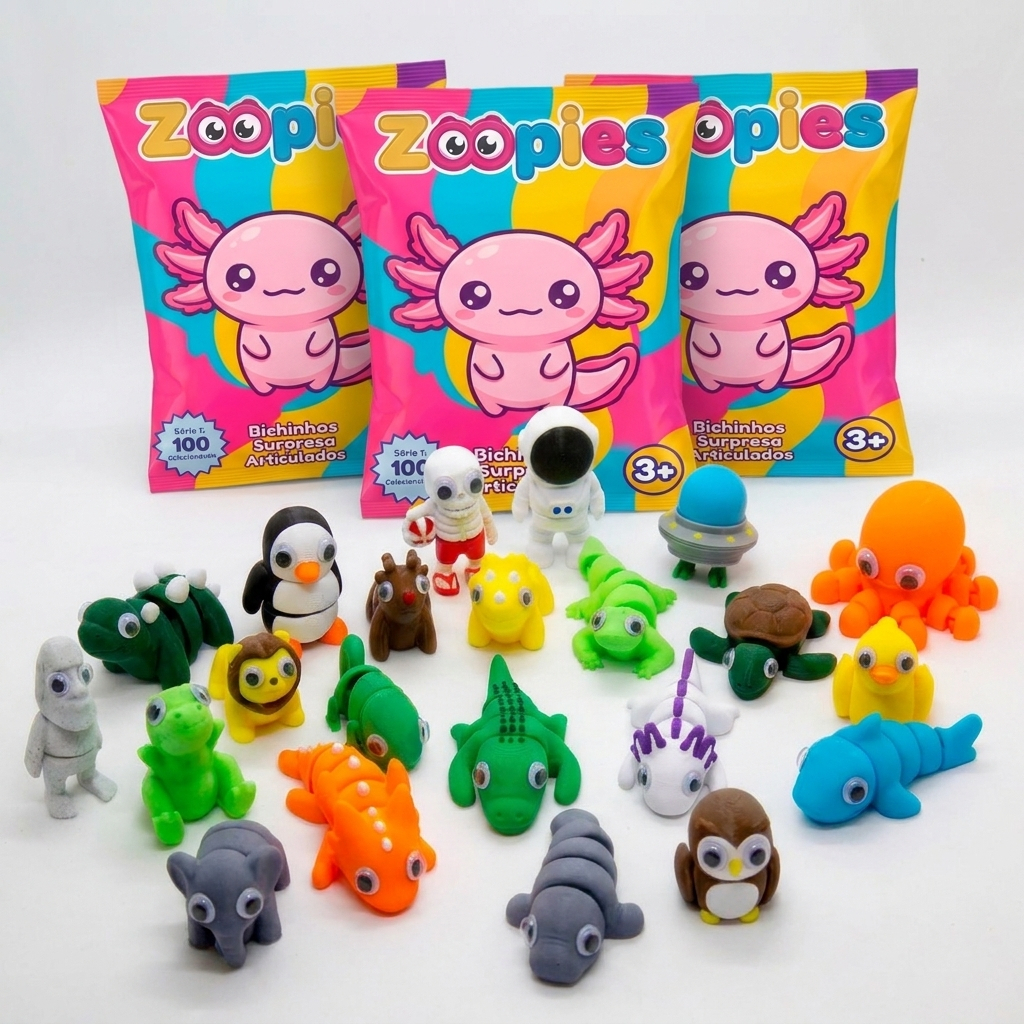 Kit Sortido - Mini Animais Flexíveis Articulados - Kit 12/16/24/32 unidades Bixinhos Chaveiro Fidget Zoopies